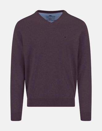 Fynch-Hatton Mens V-Neck Fine Knit Cotton Sweater Aubergine - Purple - Size: 44