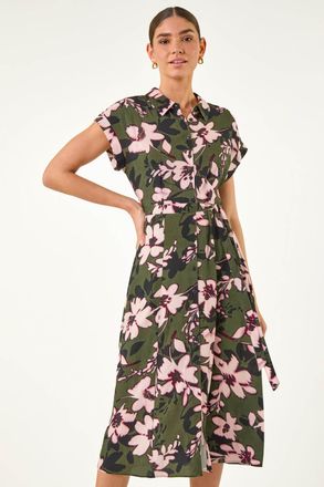 Roman Floral Print Belted Midi Dress