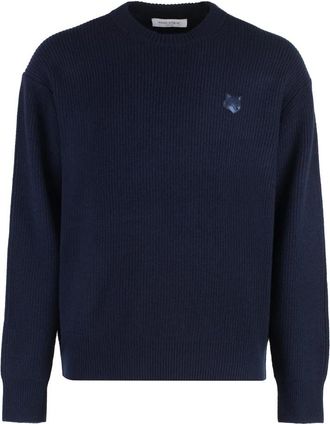 Maison Kitsun&eacute; Fox Front Patch Crew-neck Sweater - Heren - Ronde hals truien - Blauw - XL - Wol - Truien & Vesten