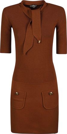 Elisabetta Franchi Ribbed Knit Mini Dress with Unique Nektie Detail