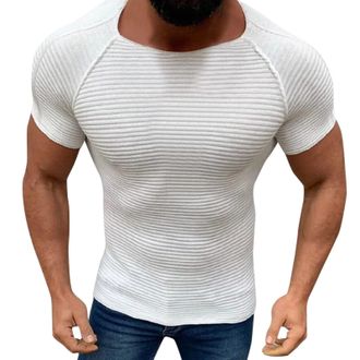Generic Lightweight Gym Running T-Shirt for Mens Mens Knitted Shirt Solid Color Slim Fitting Short Sleeved Pullover Sweater Top Thick T Shirt (White, XXL)