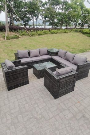 Fimous 8 Seater PE Wicker Outdoor Rattan Garden Furniture Sets Lounge Chair 2 Coffee Table in Dark Grey