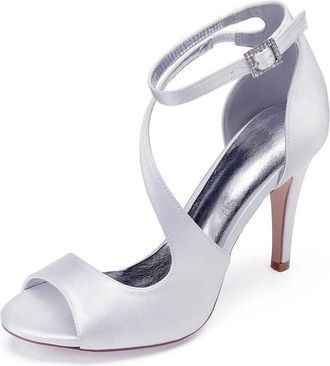 Generic Bridal Heels Women Open Toe Satin Heeled Sandals Wedding Sexy Stiletto High Heels for Party, Prom, Dating 10.5Cm,White,6 UK