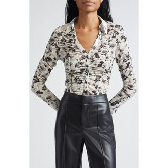 Alice & Olivia Portia Floral Center Ruched Button-Up Shirt in Arden Forest at Nordstrom Rack, Size X-Small