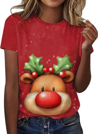 Generic Christmas T-Shirts for Women - UK Ladies Snowflake Print Short Sleeves Casual Tunic Tops Loose Crew Neck Xmas Tree Snowflake Print Cute Blouse Graphic