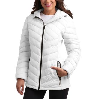 Reebok Womens Puffer Jacket - Midweight Quilted Snow Glacier Shield Full Zip Winter Coat for Women with Hood & Zip Pockets, White Mist, XL