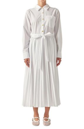 English Factory Pleated Long Sleeve Shirtdress in Off White at Nordstrom, Size Medium