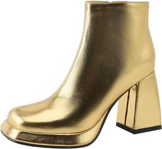 Generic Womens Metallic Platform Ankle Boots Square Toe Chunky Block High Heels Side Zip Retro Boots for Evening Party Club Stage Daily Wear,Gold,7.5 UK