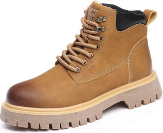 Generic Mens Lace Up Outdoor Boots Block Heel Platform Ankle Boots Round Toe PU Leather Casual Boot,Camel Velvet Lining,8.5 UK