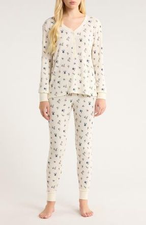 Nordstrom Cotton Blend Waffle Thermal Pajamas in Ivory- Blue Rose Ditsy at Nordstrom Rack, Size X-Large
