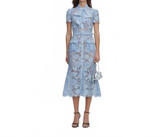 Self Portrait Lace Tie Neck Midi Dress In Blue