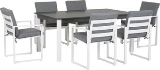 Beliani Conjunto De Comedor De 7 Piezas Blanco De Aluminio Con Tablero Extensible Y 6 Sillas Con Cojines Grises Pancole