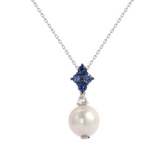 Suzy Levian Sterling Silver Pearl & Blue Sapphire Cluster Pendant