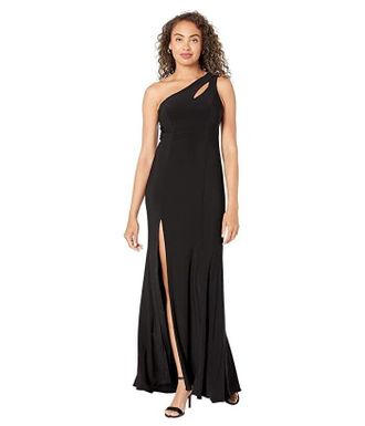 Xscape cape Maxi Dress Womens Black Cutout Side Slit One-Shoulder A-Line JDM1089