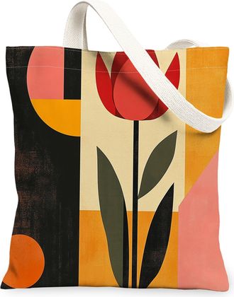 Generic Spring Aesthetic Tulip Canvas Tote Bag for Shopping 13x15, Funky Retro Floral Reusable Grocery Print Pattern Bag for Women Men, Abstract Flower Aesthe