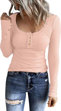 Generic Long Sleeve Tops Women Black Tops For Women Uk U Neck Button Up Top Slim Fit Casual T Shirts Basic Solid Color Crewneck Tee Top Ribbed Stretchy Lightw