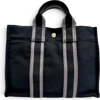 Herm&egrave;s Black Gray Cotton Handbag Tote Bag (Pre-Owned)