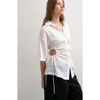 Topshop Drawstring Cutout Button-Up Top in White at Nordstrom, Size 14 Us
