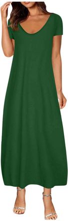 Generic Women Summer Dresses Casual Short Sleeve Baggy Midi Dress with Pockets Ladies V Neck Solid Color Lounge Dress Summer Loose Comfortable Sundress Oversi
