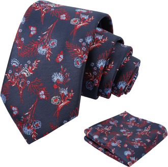 Alizeal Mens Flower Ties for Men with Handkerchief Floral Butterfly Patterned Classic Elegant Wedding Party Necktie Set, Navy+Red
