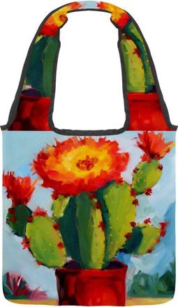 Generic Red Cactus Flowers Reversible Canvas Shoulder Tote - Double-Sided Print, 12oz Cotton, 27cm Drop, Fold-Flat Bag for Travel, Shopping, Street Outings