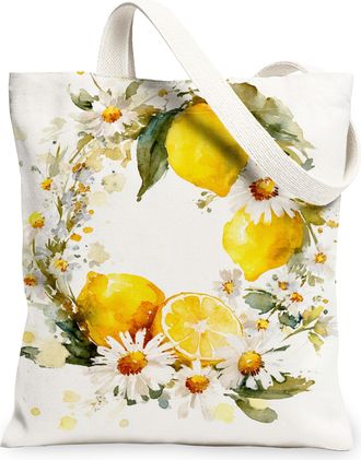 Generic Lemon Floral Canvas Tote Bags, Elegant Lemon Pattern Reusable Grocery Bags, Spring Lightweight Washable Shoulder Strap Canv, White, 13x15 Inch