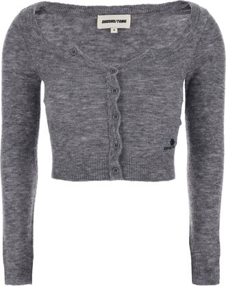 Shushu/Tong Grey Cardigan With Wide Round Neck And Logo Embroidery On The Front In Wool Blend Woman