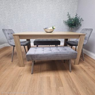 Kosy Koala Dining Table Set Oak Effect Table With 2 Grey Velvet Dining Chairs & 2 Grey Benches in Brown
