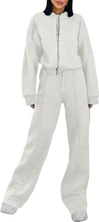 Generic Gym Tracksuit Womens Full Set, Zip Up Sweatshirt Jacket Round Neck Long Sleeve Coat Drawstring Elasticated Waist Pants Wide Leg Trousers Light Leisure