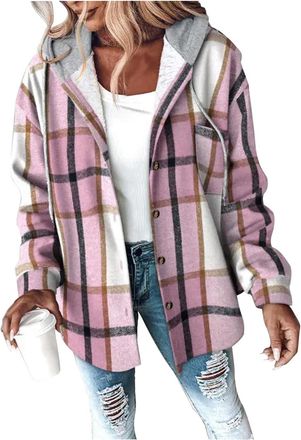 Generic Keepink Winter Jackets for Women UK Ladies Hooded Tweed Coat Checked Flannel Plaid Shacket Thick Lined Fleece Sweatshirt Button Front Cardigans Winter