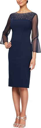 Alex Evenings Womens Short Shift Cocktail Dress with Embellished Illusion Detail, Wedding Guest (Petite and Regular Sizes) Special Occasion, Navy/Silver, 20