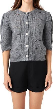 English Factory Pointelle Puff Sleeve Cardigan in Grey at Nordstrom Rack, Size Large