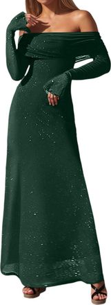 Generic Womens Elegant Off-Shoulder Mesh Evening Gown with Sequin Embellishments, Long Sleeves & Flared Hem - Maxi Party Dress for Wedding Guest, Christmas Pa