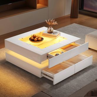 Matteo High-Gloss LED Coffee Table with 3 Drawers & Glass Top - White