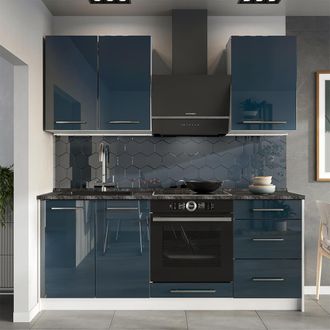 Vicco Cocina Para Solteros Fame-line, Azul Oscuro Alto Brillo/blanco, 190 Cm, Et M&aacute;rmol, Vicco
