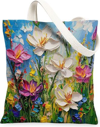 Generic Spring Oli Painting Lilies Canvas Tote Bag for Shopping 13x15, Floral Wildflower Garden Reusable Grocery Print Bag for Women, Flower Scene Beach Aesth