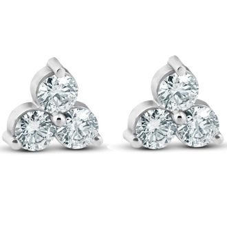 Pompeii3 1ct Lab Grown Diamond 3 Stone Studs Womens Earrings 14K White Gold