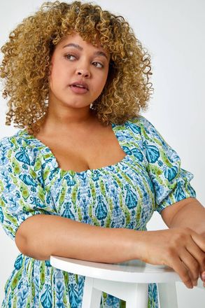 Roman Aztec Print Shirred Peplum Top