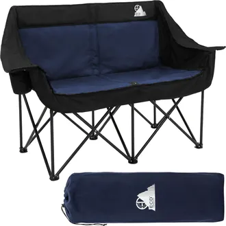 ECD Germany Ecd Germany Silla De Camping Doble Plegable, Sof&aacute; Port&aacute;til Para 2 Personas, Acolchado Azul Con Estructura De Acero Y Portavasos, Asiento Para Acampada