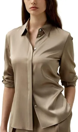 LilySilk Womens Elegant Silhouette Slim Fit Silk Shirt in Camel at Nordstrom, Size X-Small