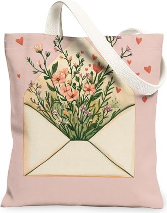 Generic Floral Envelope Canvas Tote Bags, Elegant Plant Design Reusable Bags, Spring Vintage Washable Shoulder Strap Canvas for Outdoor Travel Picnic 13x15 In