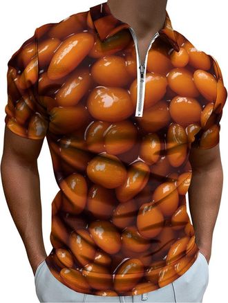 Generic Baked Beans Mens Polo Shirt Zippered Short Sleeve Golf T-Shirt Tee Summer Top
