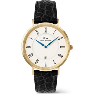 Daniel Wellington Classic Roman Numerals Leather Strap Watch, 40mm in White/Gold/Black at Nordstrom