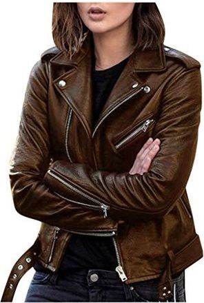 Veste Femme En Simili Cuir - Style Moto Courte, Fermeture éclair, Manches Longues