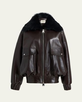 Khaite Daemon Oversized Leather Jacket with Shearling Collar