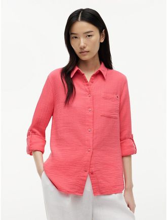 Tommy Hilfiger Womens Gauze Roll-Tab Pocket Shirt - Pink - XXL