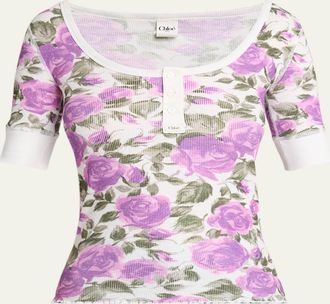 Chlo&eacute; Floral Rib Short-Sleeve Henley Top