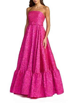 Mac Duggal Strapless Floral Brocade Ruffle Hem Gown With Belt in Hot Pink at Nordstrom, Size 12