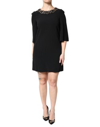 Dolce & Gabbana Womens Black Crystal Embellished Round Neck Mini Dress