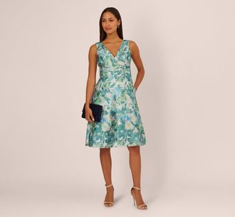 Adrianna Papell Metallic Floral Jacquard Midi Dress In Blue Multi